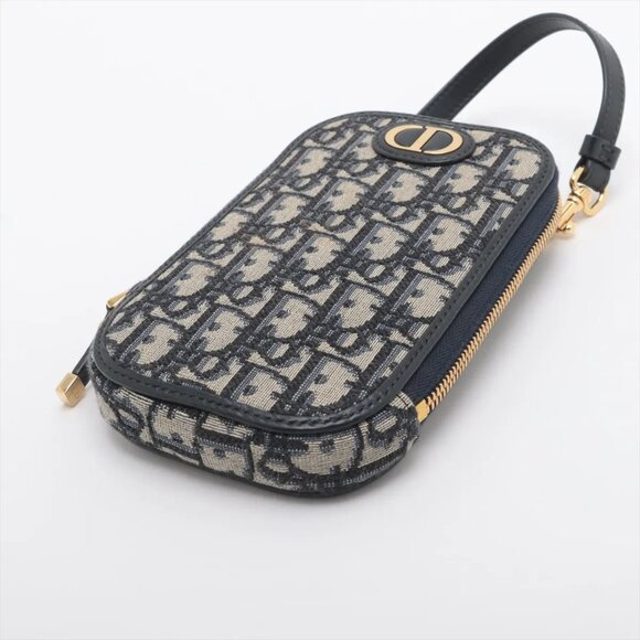 Christian Dior Oblique Phone Pouch canvas x leather Chain Shoulder Bag Navy Blue - Picture 3 of 10